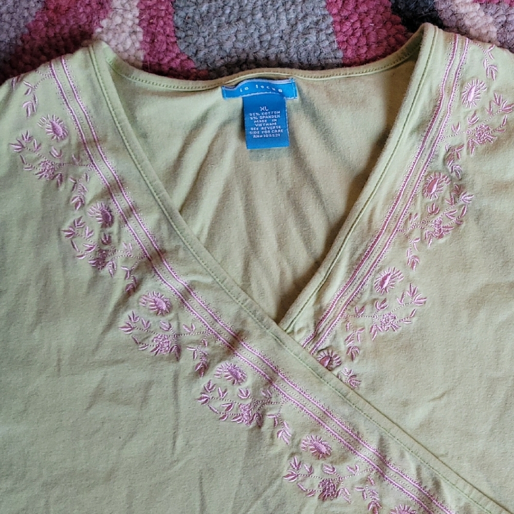 Embroidered V-Neck Crop Top in Light Olive with Pink Stitching